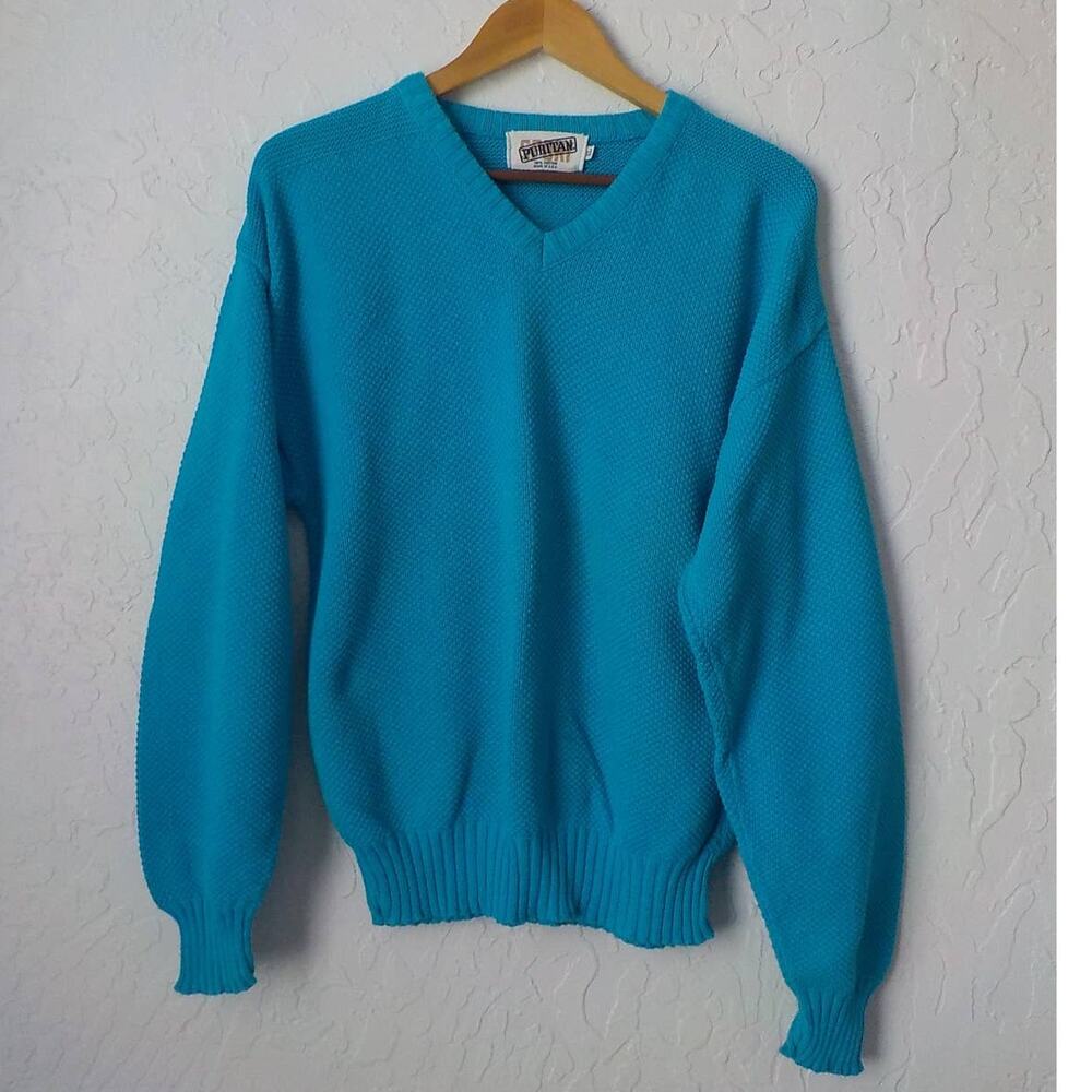 VTG Puritan Blue Knit Sweater Men size XL V-Neck Pullover 100% Cotton Preppy Dad